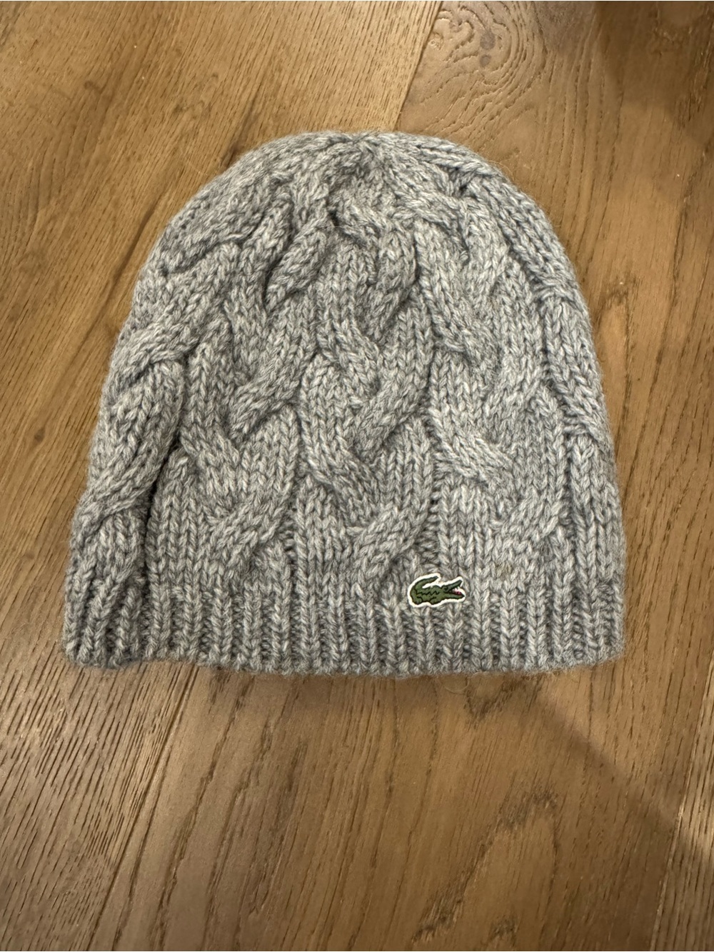 Lacoste Gray Cable Knit Beanie with Crocodile Logo